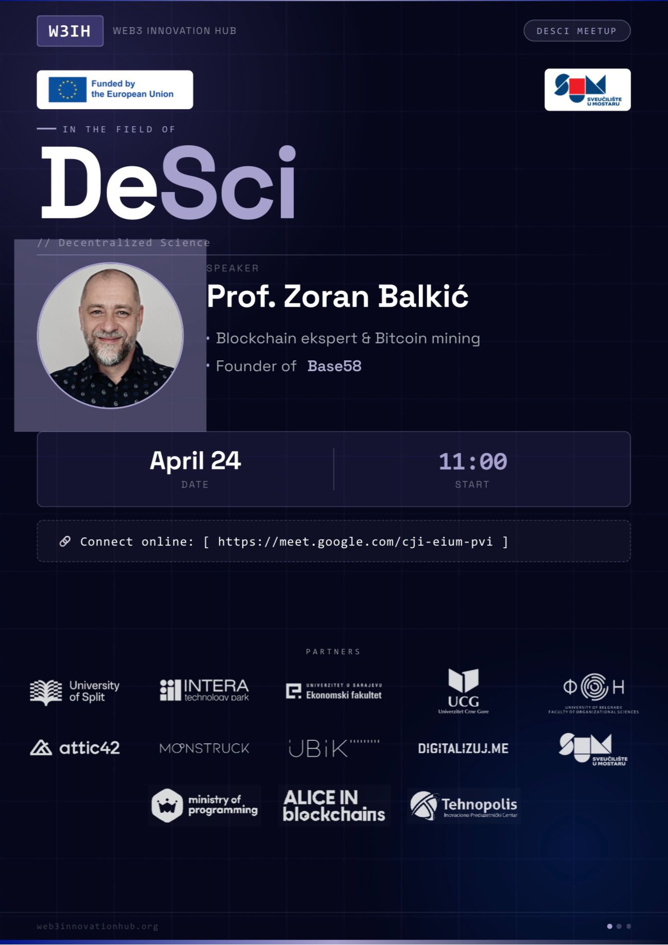 DESCI MEETUP – In the Field of DeSci flyer featuring Zoran Balkić
